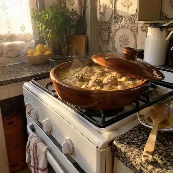 Cazuela de barro con albóndigas en salsa de almendras sobre una cocina de gas antigua