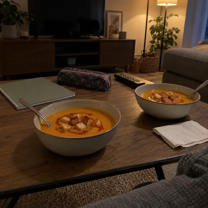 Dos cuencos de crema de calabaza con picatostes y aceite de pimentón en la mesa baja del salón