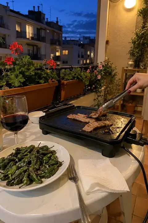 Secreto ibérico en una plancha eléctrica y un plato de pimientos de Padrón en una mesa de terraza al anochecer