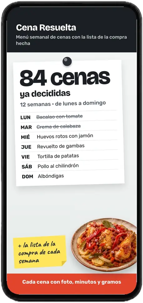 Portada del menú en un móvil: 84 cenas ya decididas, 12 semanas