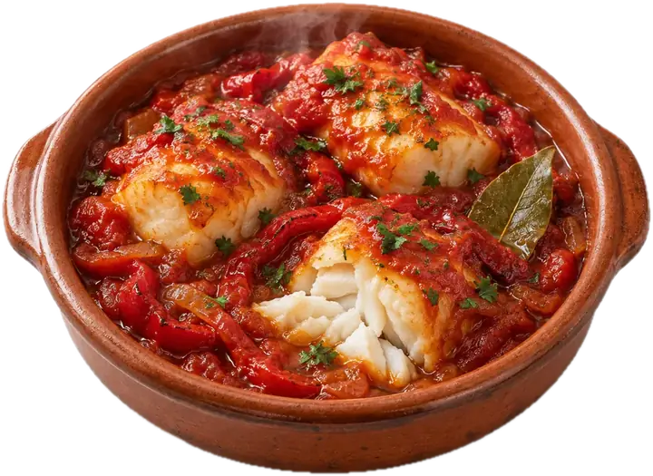 Bacalao con tomate y pimientos del piquillo en cazuela de barro