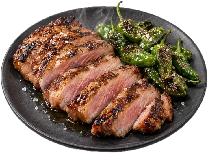 Secreto ibérico a la plancha cortado, con pimientos de Padrón