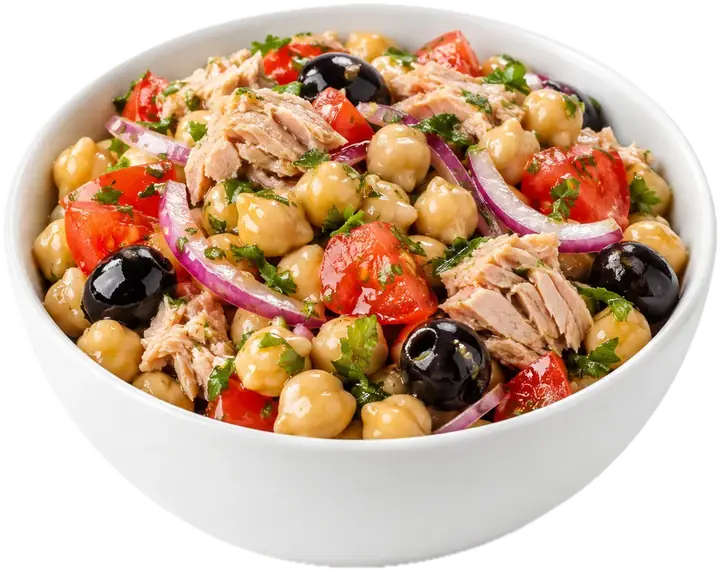 Ensalada de garbanzos con atún, tomate y cebolla