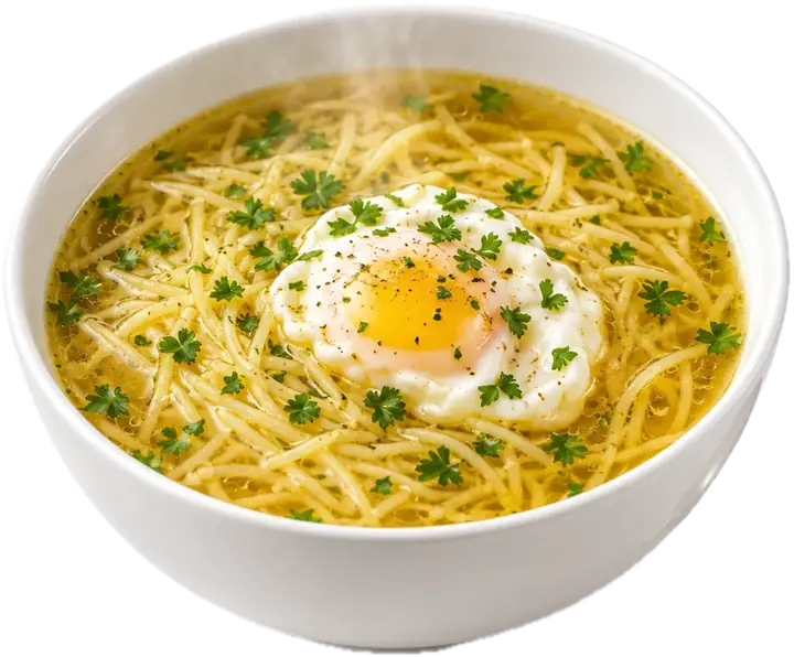 Sopa de fideos con huevo escalfado