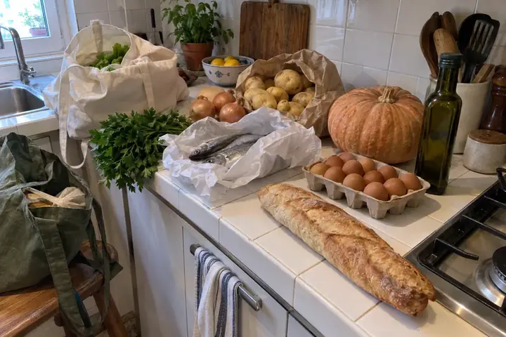 Bolsas de la compra recién deshechas sobre la encimera: patatas, cebollas, calabaza, huevos y pan