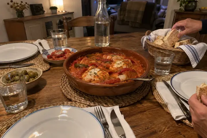 Mesa puesta para cuatro por la noche con una cazuela de bacalao con tomate y pan